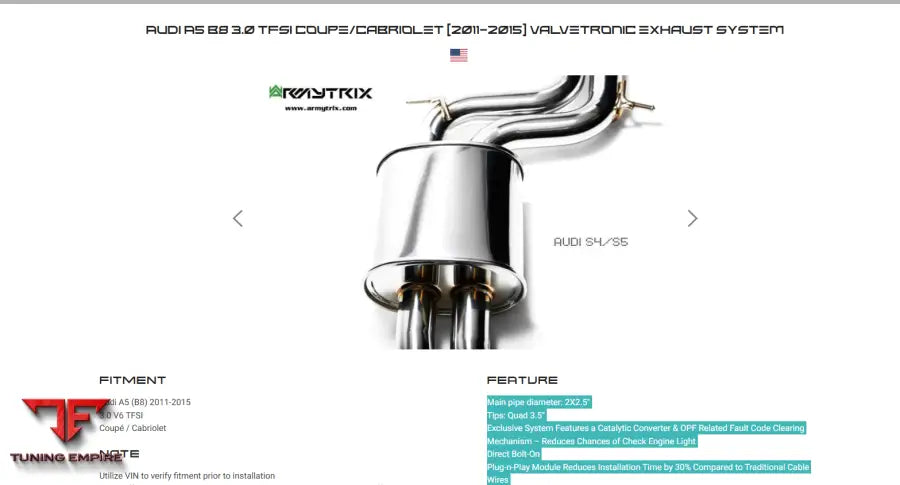ARMYTRIX AUDI A5 B8 3.0 TFSI COUPE/CABRIOLET (2011-2015) VALVETRONIC EXHAUST SYSTEM